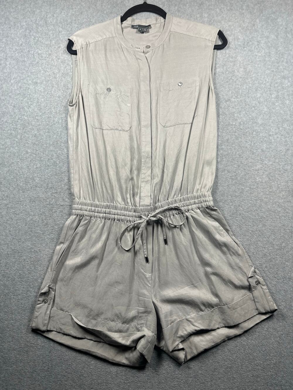 Vince Utility Romper Jumpsuit Women's Size 4 Light Gray Drawstring Sleeveless